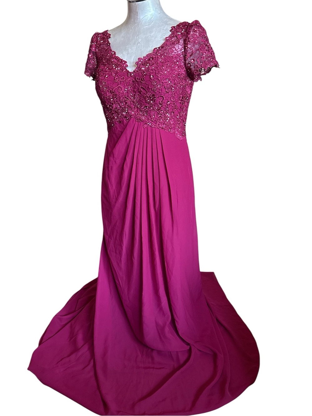 JJ's House Burgundy Magenta Lace Beaded Maxi Dress Short Sleeve Formal Gown
